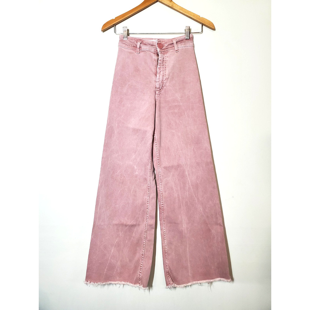 Zara Womens 0 Marine Straight Leg Jeans High Rise Raw Hems Pale Pink Retro - Picture 2 of 11